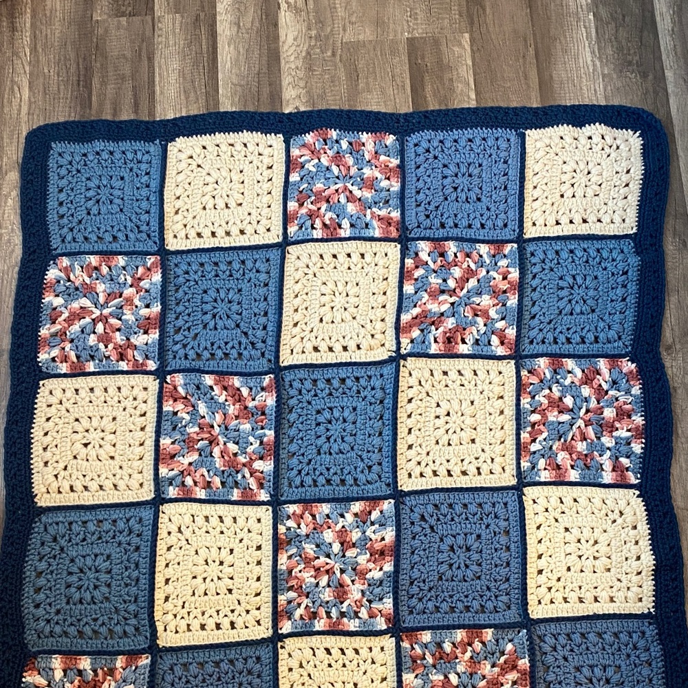 Handmade Crochet Blanket with Blue and Cream Squares